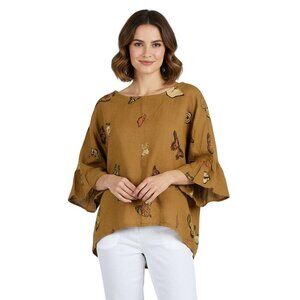 Anthropologie Viola Borghi Linen Mustard Butterfly Flutter Sleeve Top Size S